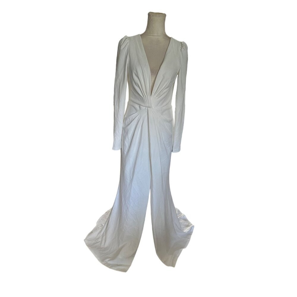Lulus Elegant Wedding Dress Plunging Neckline rain High Slit Open Back Size L